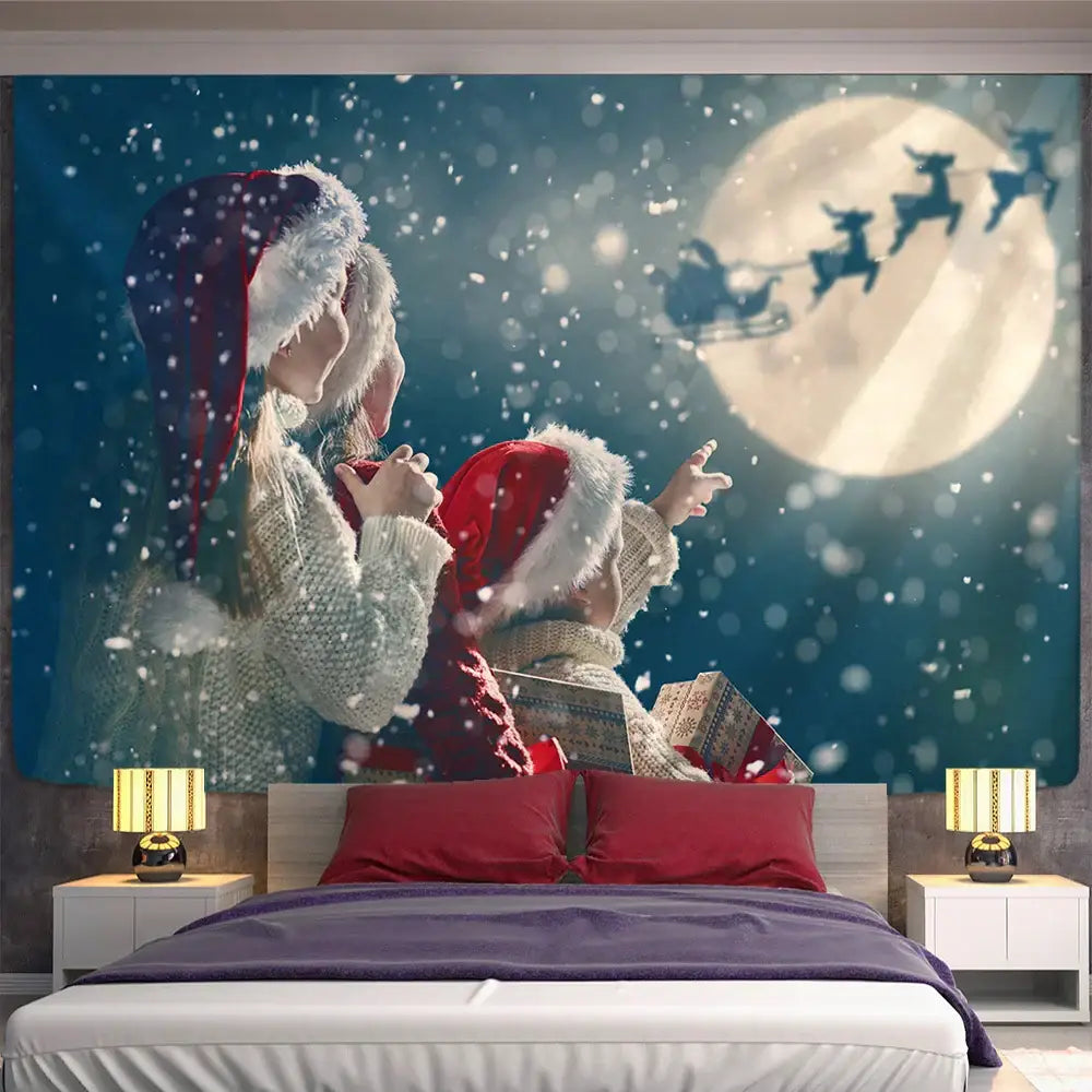 Decorbites christmas god deer tapestry featuring a mother and child in festive hats watching santa sleigh at night