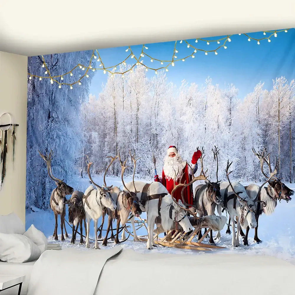 Decorbites christmas god deer tapestry featuring santa in red suit on sleigh with reindeer in snowy forest with lights