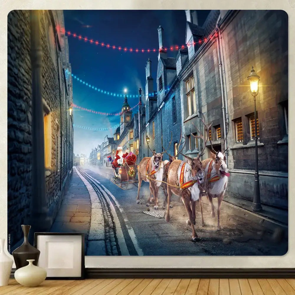 DecorBites Christmas god deer tapestry features santa in sleigh with reindeer on festive illuminated street wall hanging