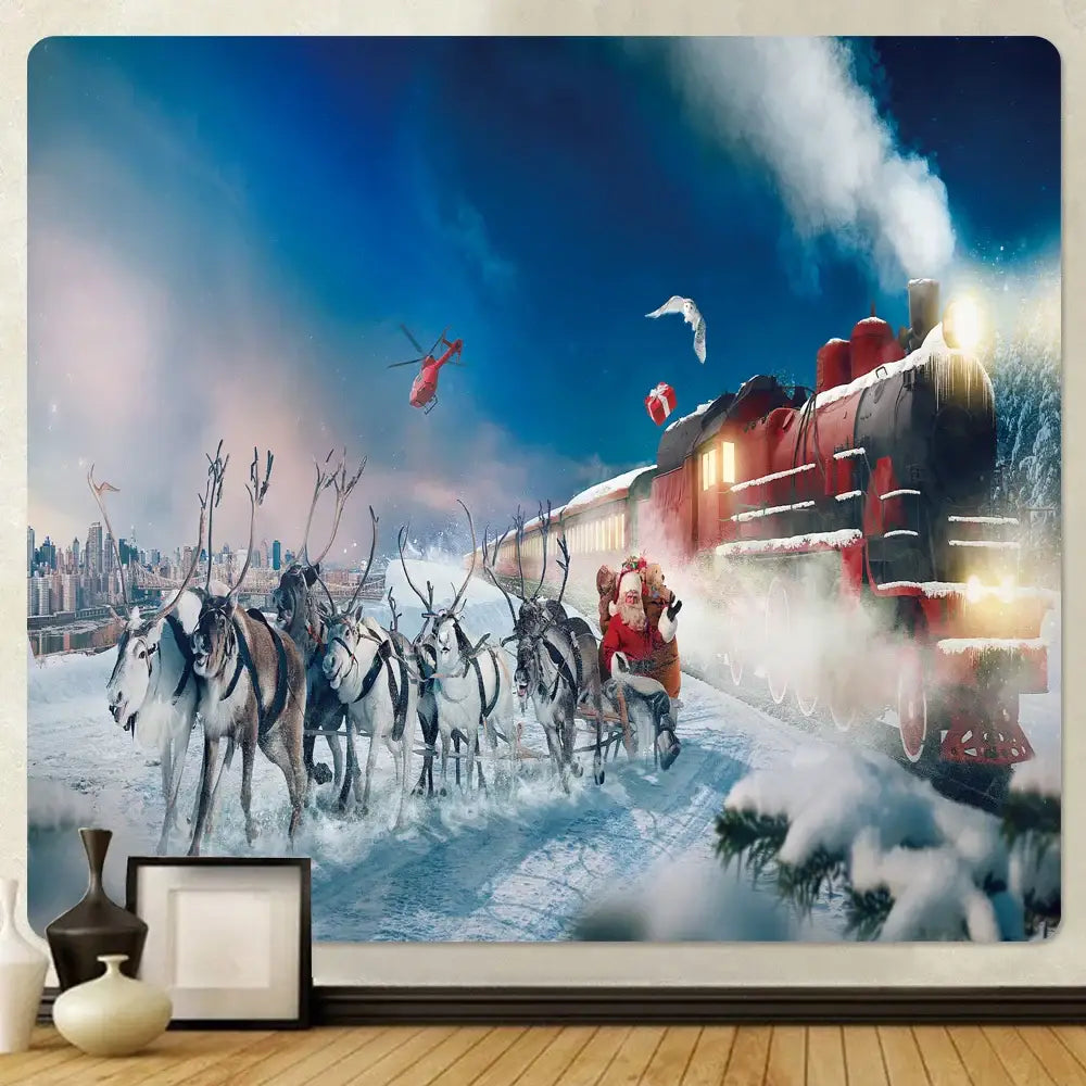 Decorbites christmas god deer tapestry featuring santa on sleigh with reindeer and steam train in snowy landscape