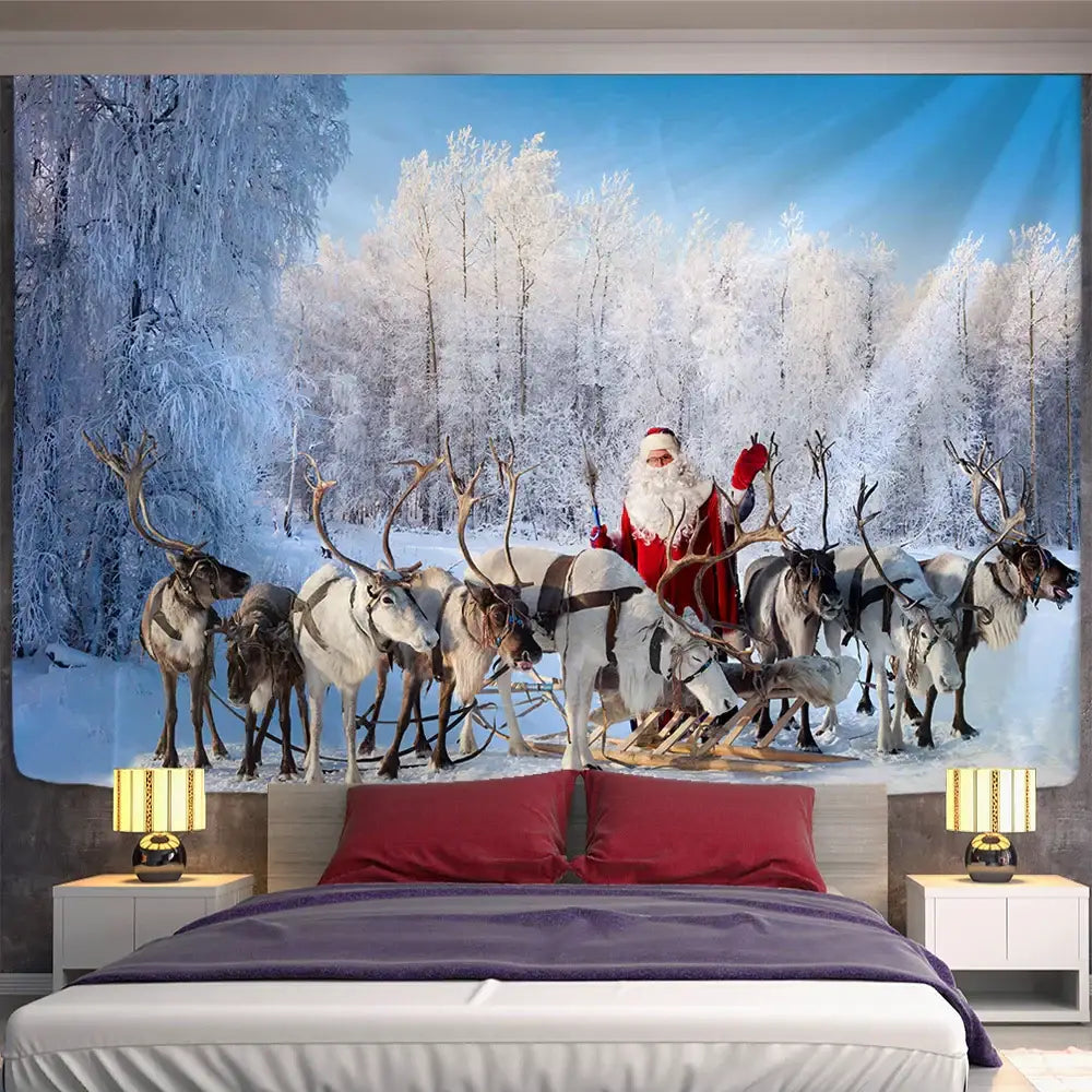 Decorbites christmas god tapestry featuring santa in red suit riding reindeer sleigh through snowy trees above bed