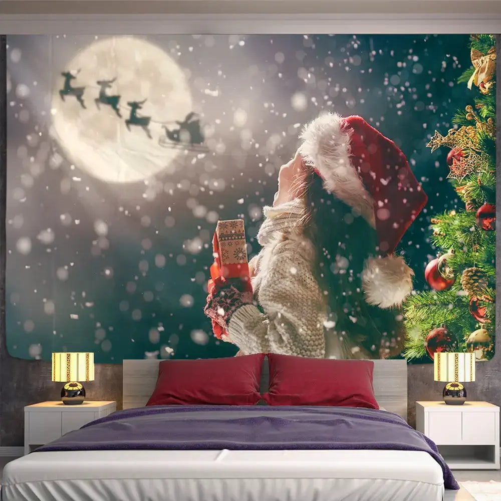 Decorbites christmas god deer tapestry featuring a woman in santa hat holding gift with reindeer sleighing under moonlight