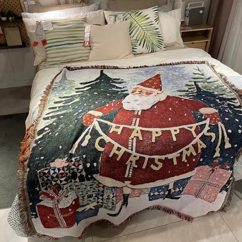 DecorBites Christmas holiday red and white woven sofa blanket with festive santa and happy christmas banner design