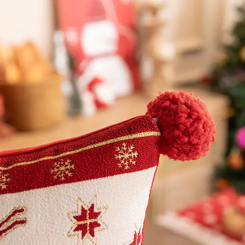 Red and white decorbites christmas jacquard elk pillow cover with gold snowflake embroidery and fluffy red pom pom