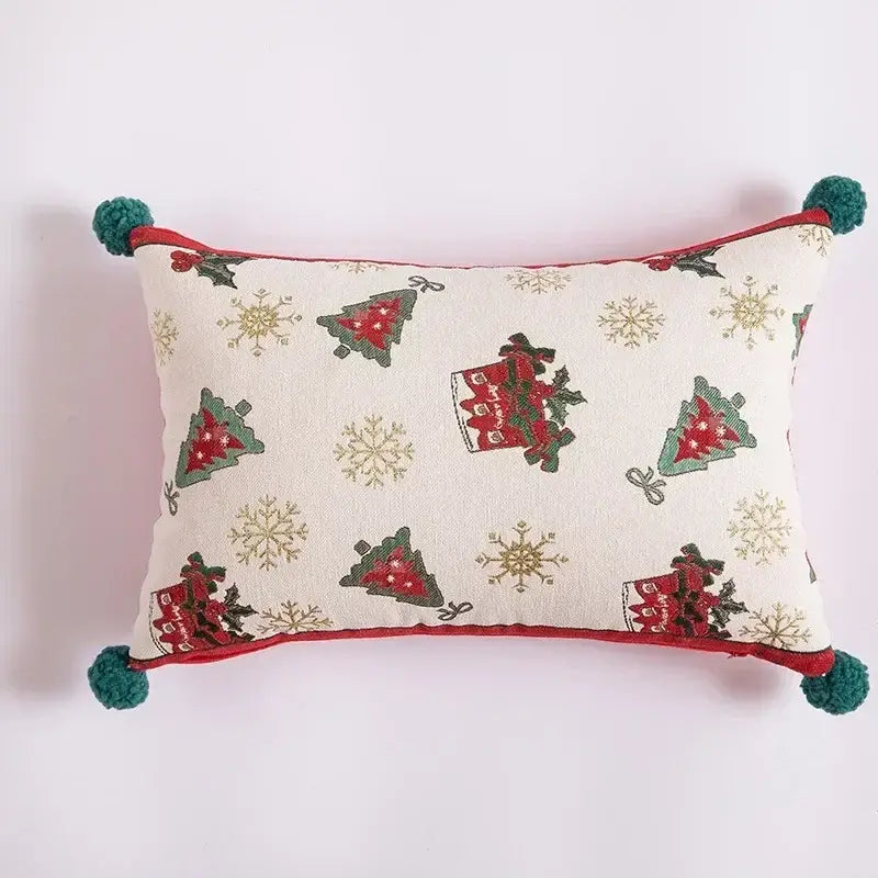Cream rectangular pillow cover with embroidered red green christmas trees gold snowflakes teal pom-poms decorbites christmas jacquard elk