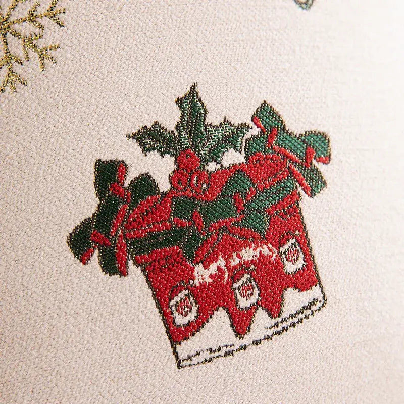 Decorbites christmas jacquard pillow cover with red and green embroidered christmas gift box on light fabric