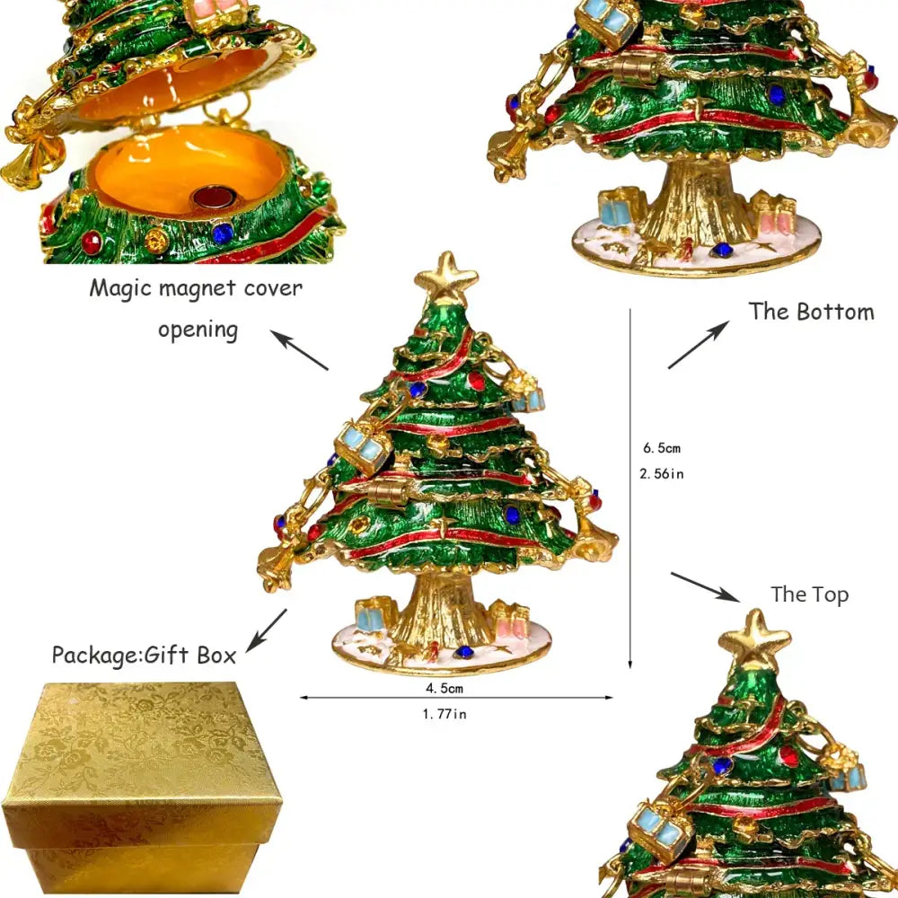 Decorbites christmas jewelry trinket box shaped like a green and gold tree with red ribbons blue gemstones and miniature gifts