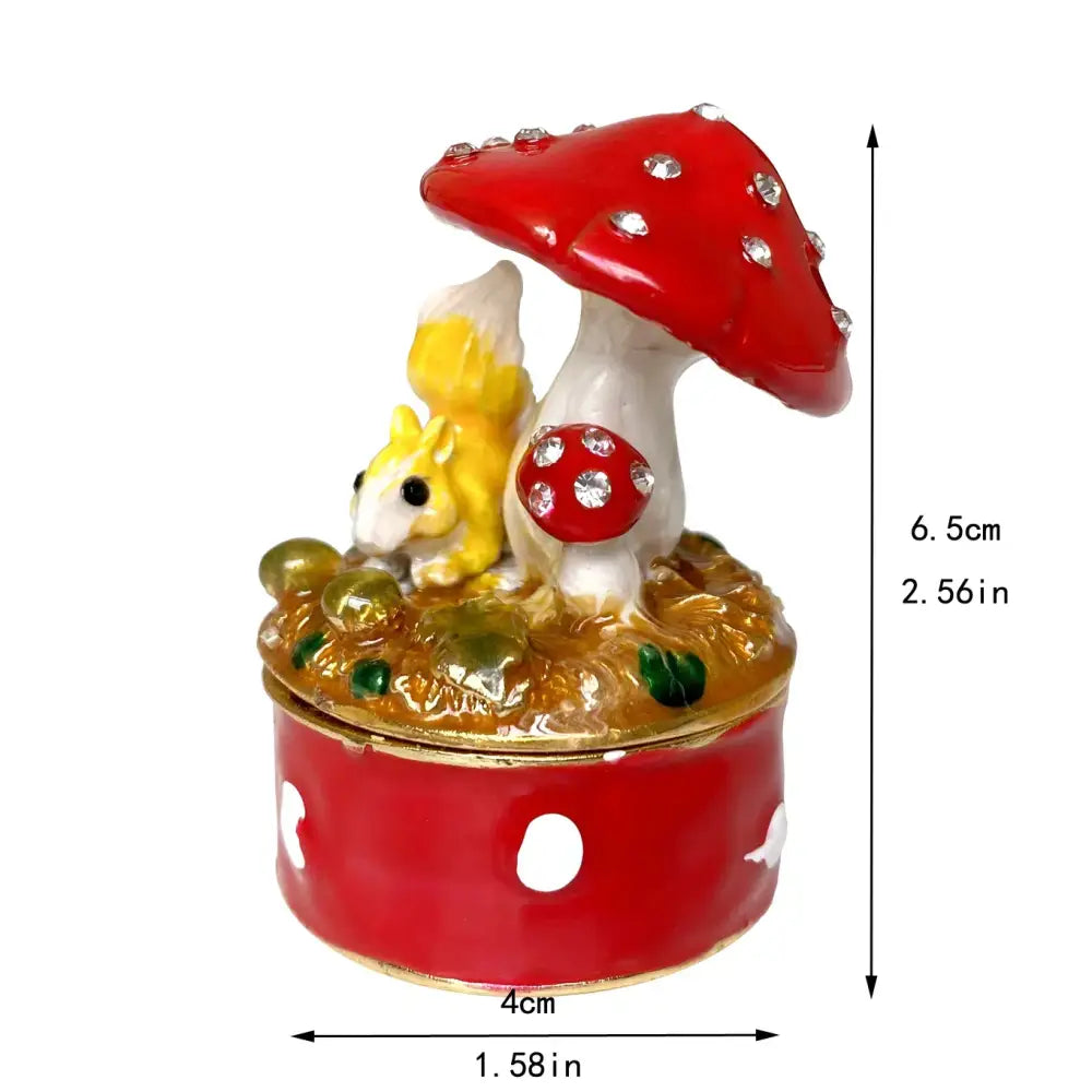 DecorBites™ red and white enamel jewelry trinket box with rhinestone mushroom and yellow squirrel figurine topper