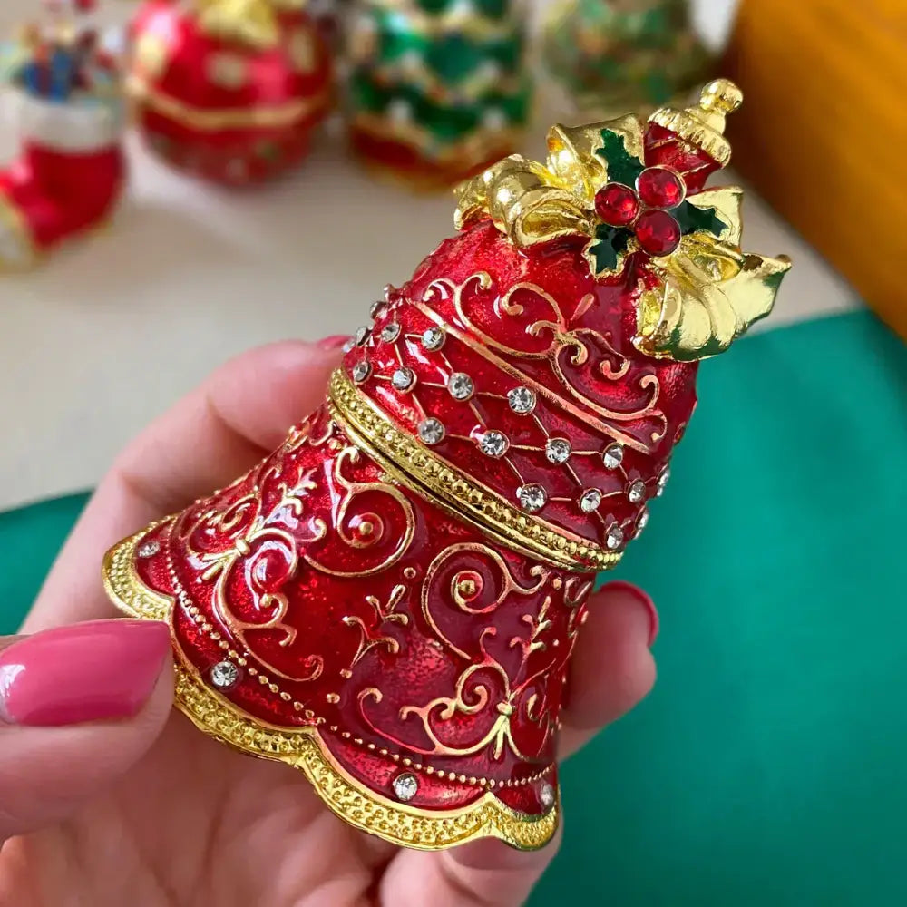 Decorbites™ red and gold ornate christmas bell jewelry trinket box with rhinestones and holly berry accent for wedding rings