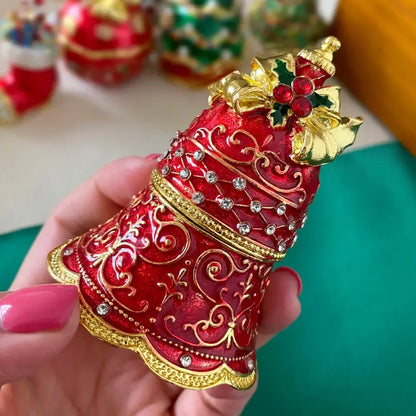 Decorbites™ red and gold ornate christmas bell jewelry trinket box with rhinestones and holly berry accent for wedding rings