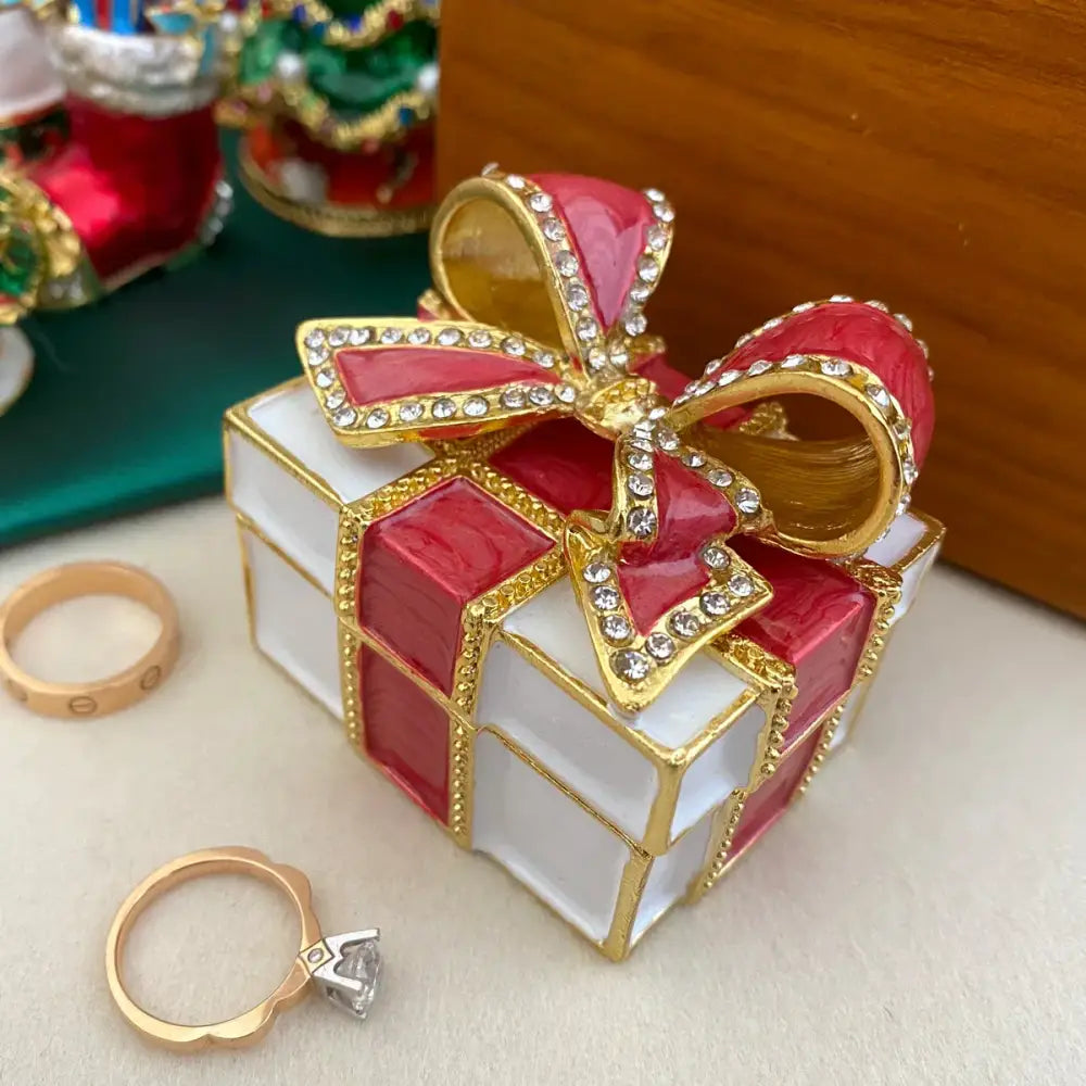 DecorBites™ red and white jewelry trinket box with gold-trimmed rhinestone bow for wedding ring holder and decoration