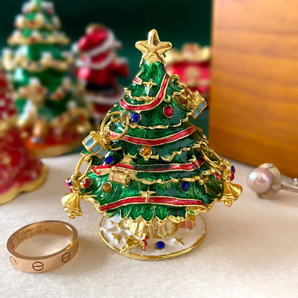Decorbites™ festive green and gold christmas tree jewelry trinket box with red ribbons and colorful gemstones gift decor