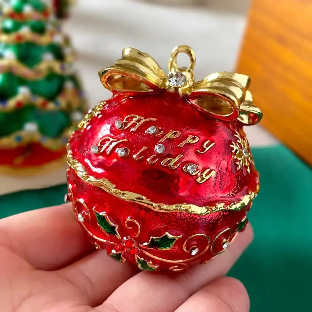 Decorbites™ glossy red christmas jewelry trinket box with gold trim jeweled bow and happy holiday engraving