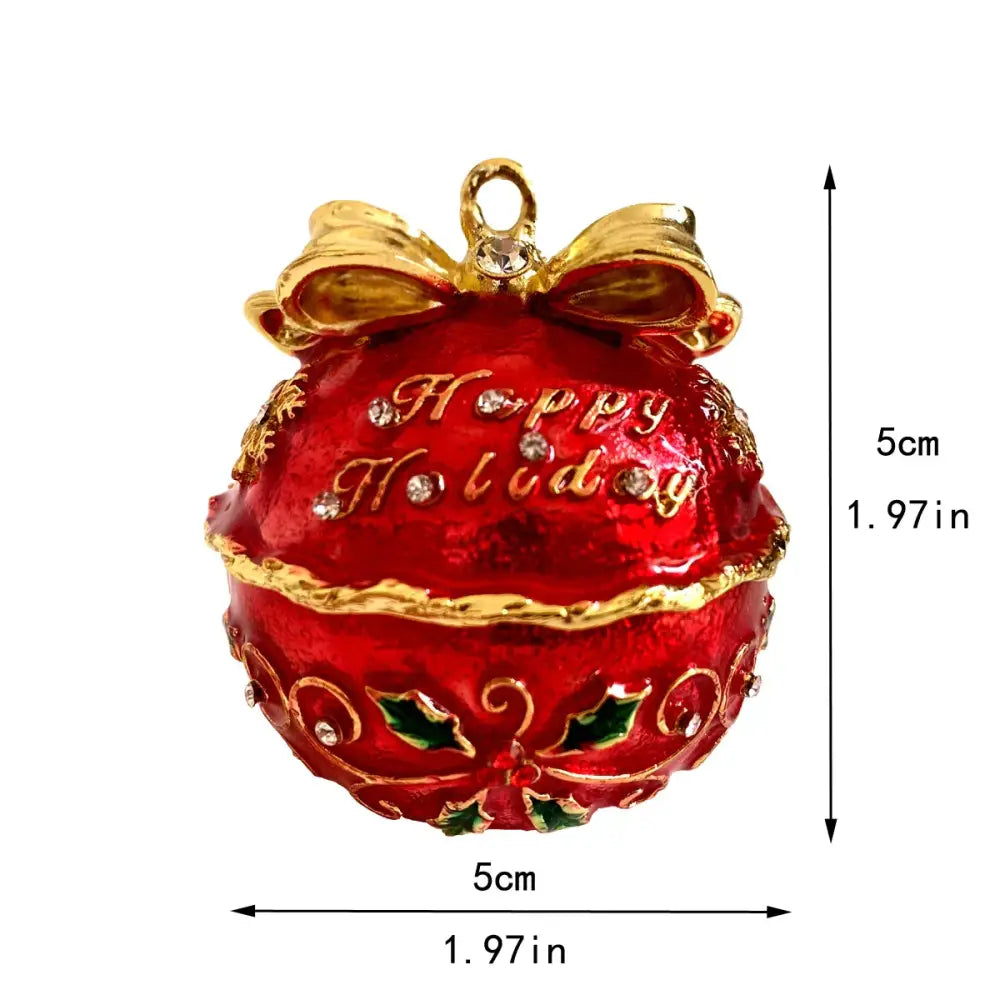 DecorBites™ red and gold jewelry trinket box with jeweled happy holiday inscription and holly leaf bow decoration