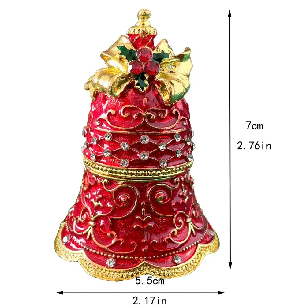 DecorBites festive red and gold jewelry trinket box shaped like a bell with rhinestones and a holly bow decoration