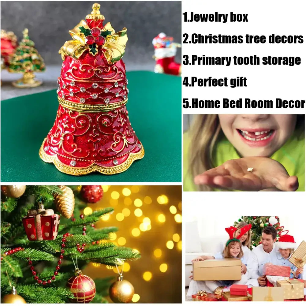 Red and gold ornate christmas jingle bell trinket box by decorbites with intricate detailing and rhinestone accents
