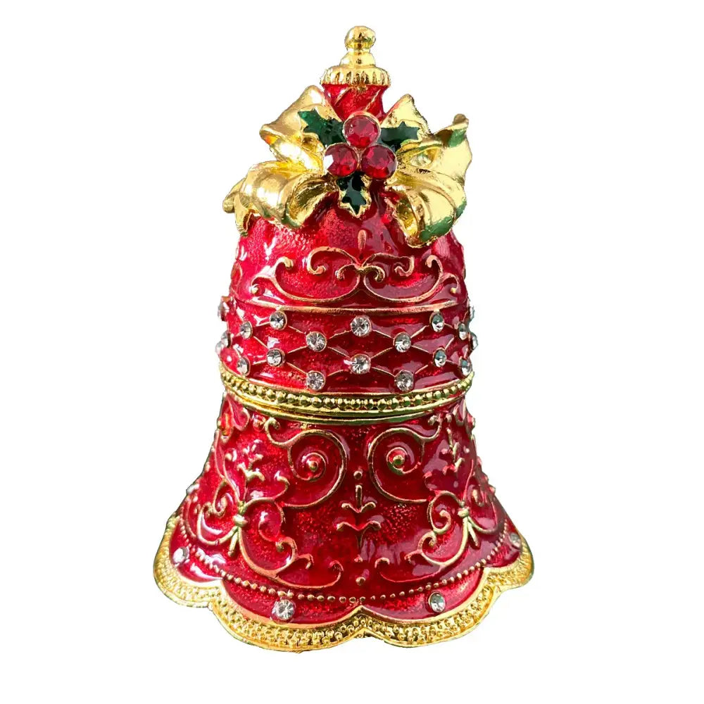 A festive red and gold bell-shaped trinket box with intricate scrollwork and rhinestones from decorbites christmas jingle collection