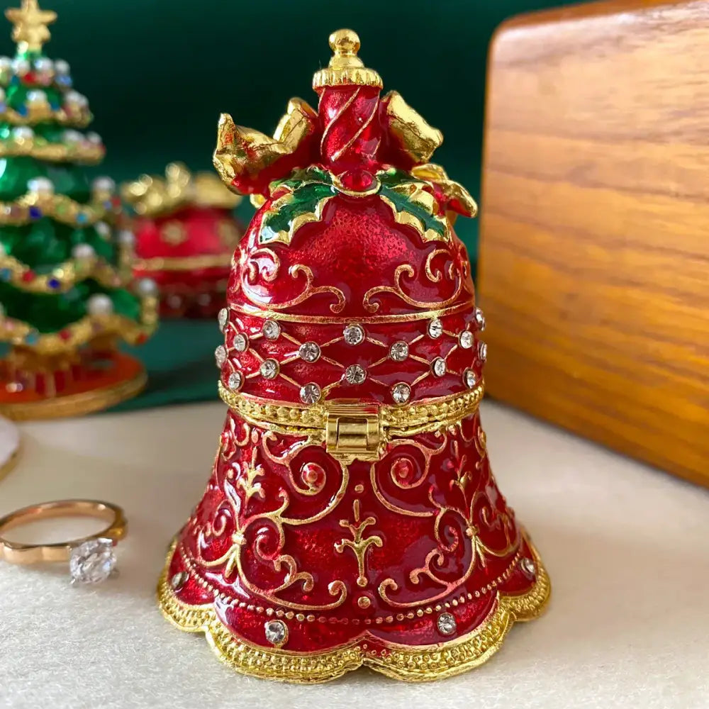 Decorbites christmas jingle red and gold enamel trinket box with rhinestones and holly bow for festive decor