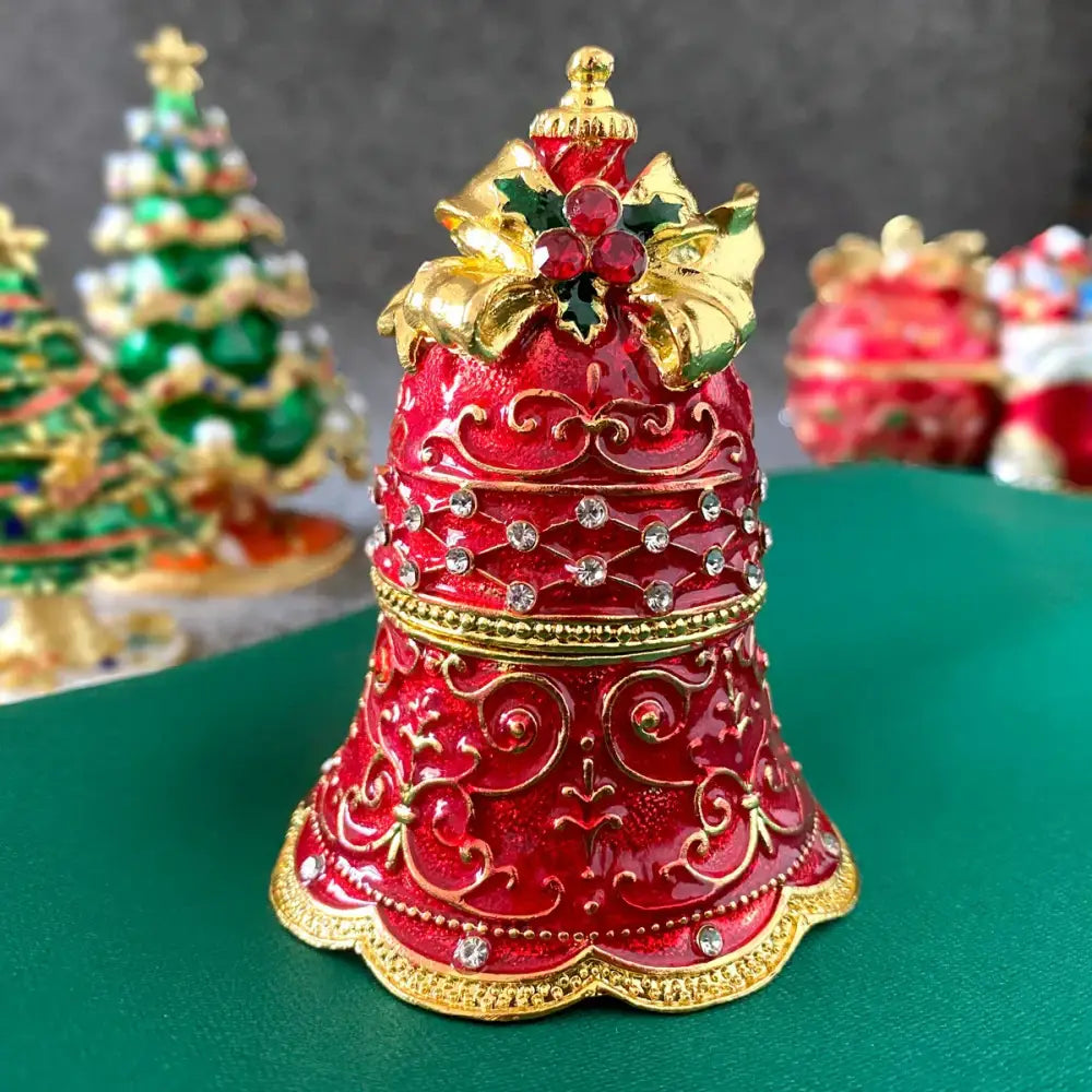 Decorbites christmas jingle red and gold ornate trinket box with rhinestones and holly bow for festive decor