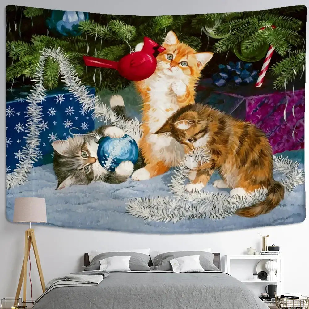 DecorBites christmas kitten tapestry wall hanging with three playful kittens and snowman in cozy bedroom decor