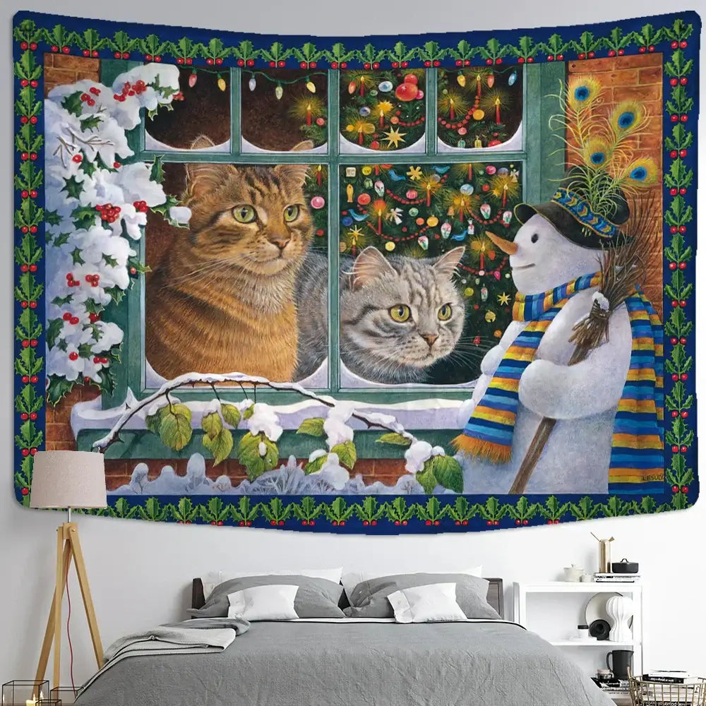 Festive decorbites christmas kitten tapestry featuring two cats and a snowman framed with holly on deep blue fabric