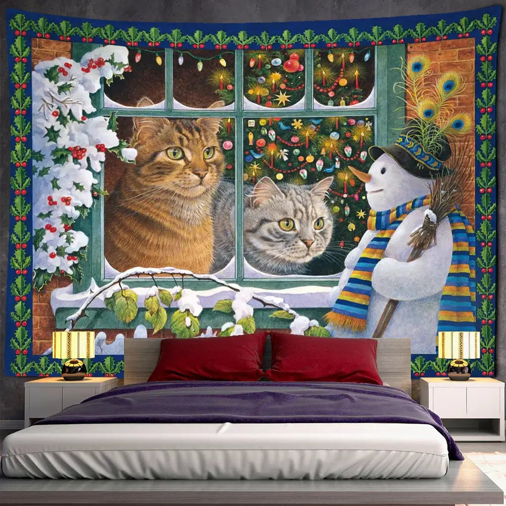 Festive decorbites christmas kitten tapestry featuring two cats and a snowman with holly and lights on fabric wall hanging