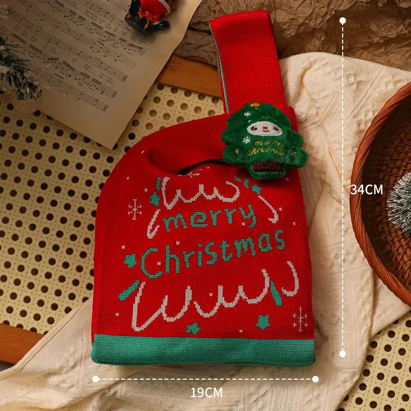 Red knitted christmas apple bag with green trim and plush tree charm by decorbites christmas knitted for holiday decor