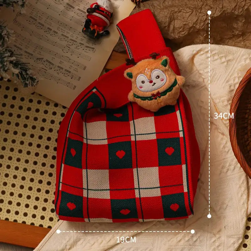 Red and green plaid decorbites christmas knitted apple bag with plush deer charm for holiday decoration and children