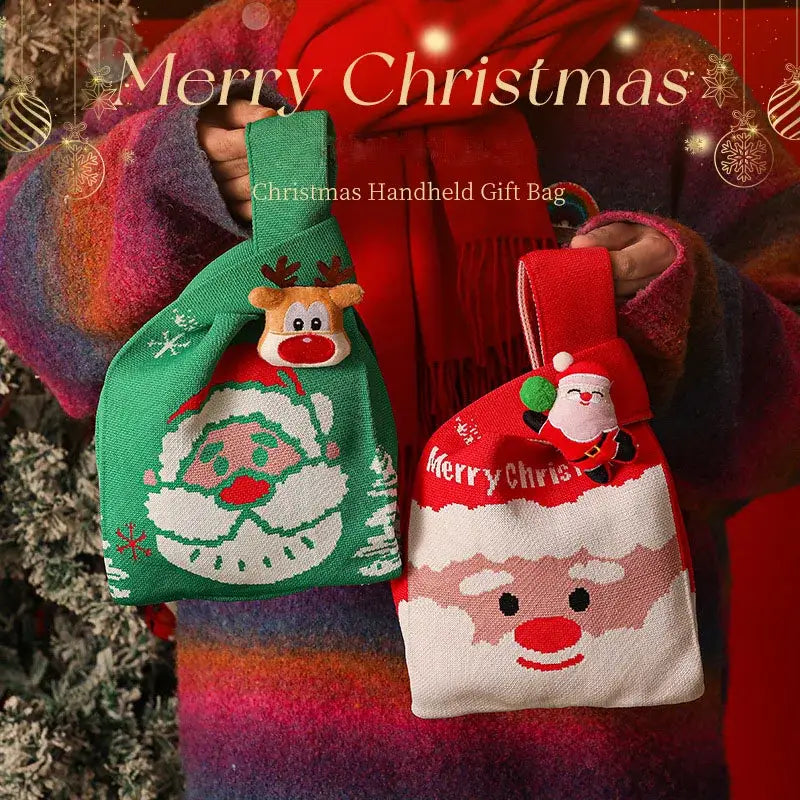 Decorbites christmas knitted apple bag in green and red with santa embroidered faces and plush holiday decorations