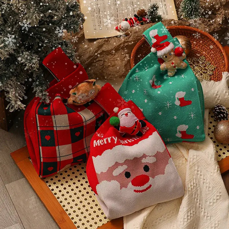Red and green decorbites christmas knitted apple bags with plush santa faces and holiday figurines for decoration