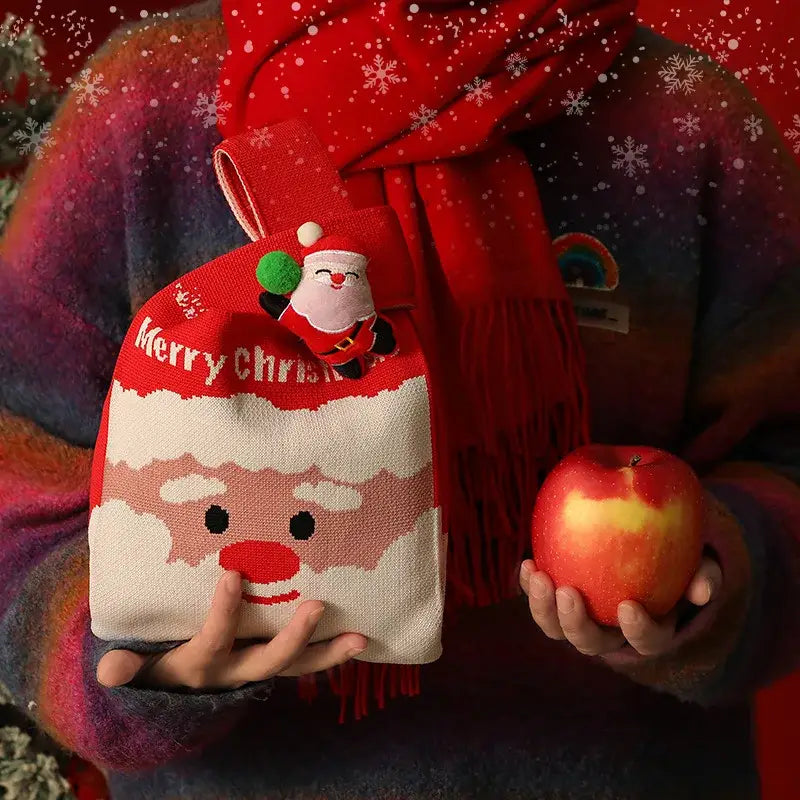 Decorbites christmas knitted apple bag in red and cream with santa face embroidery and plush santa doll handle accessory