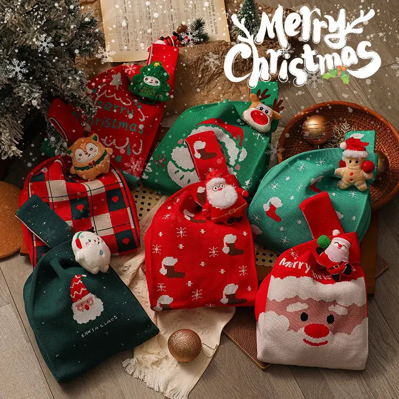 Red christmas knitted apple bag by decorbites featuring santa faces and festive patterns in fabric for holiday decoration
