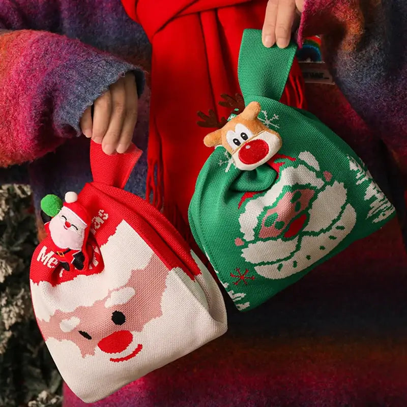 Decorbites christmas knitted apple bag in red and green with embroidered santa faces and plush reindeer embellishments