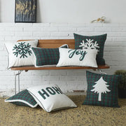 Set of decorbites christmas letter embroidery plaid throw pillows in green and white with festive snowflakes and trees