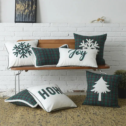 Set of decorbites christmas letter embroidery plaid throw pillows in green and white with festive snowflakes and trees