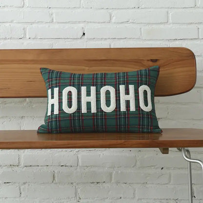 Green plaid pillow with white hohoo text featuring decorbites christmas letter embroidery for festive decor