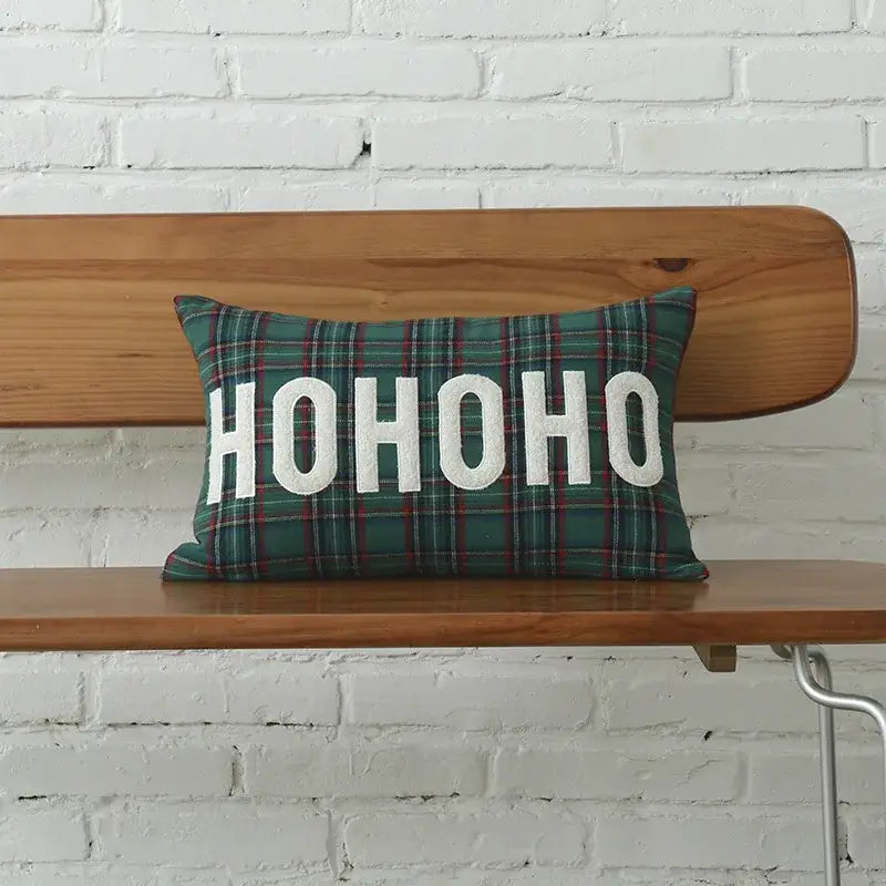 Green plaid pillow with white hohoo text featuring decorbites christmas letter embroidery for festive decor