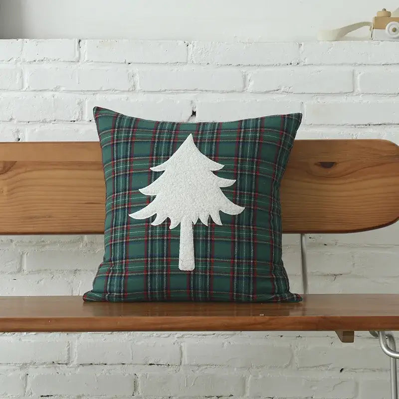 Green plaid cushion cover with white felt tree appliqué from decorbites christmas letter embroidery set