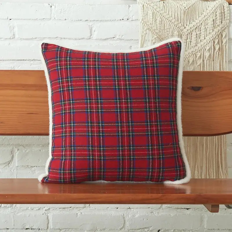 Red plaid decorbites christmas letter cushion cover with white fleece trim and christmas letter embroidery detail