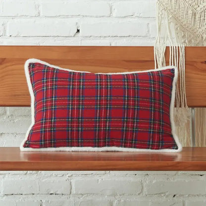 Decorbites christmas letter red plaid cushion cover with white faux fur trim featuring christmas letter embroidery