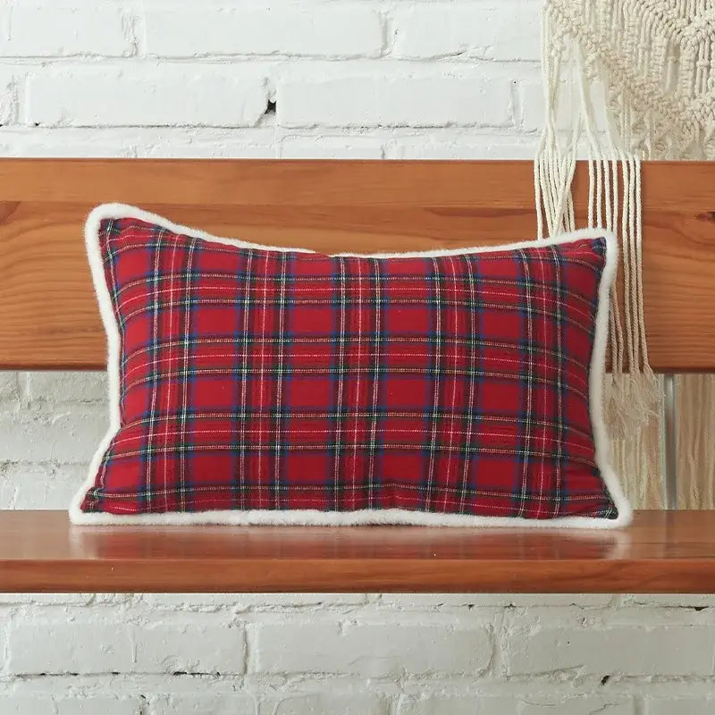 Decorbites christmas letter red plaid cushion cover with white faux fur trim featuring christmas letter embroidery