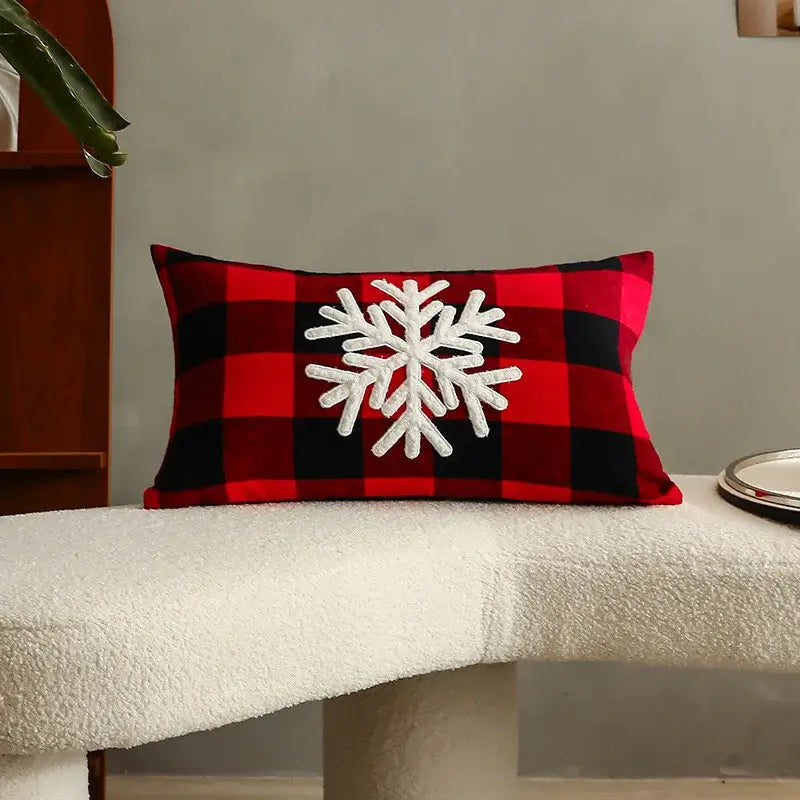 Red and black plaid DecorBites Christmas letter cushion cover with white embroidered snowflake for holiday decor