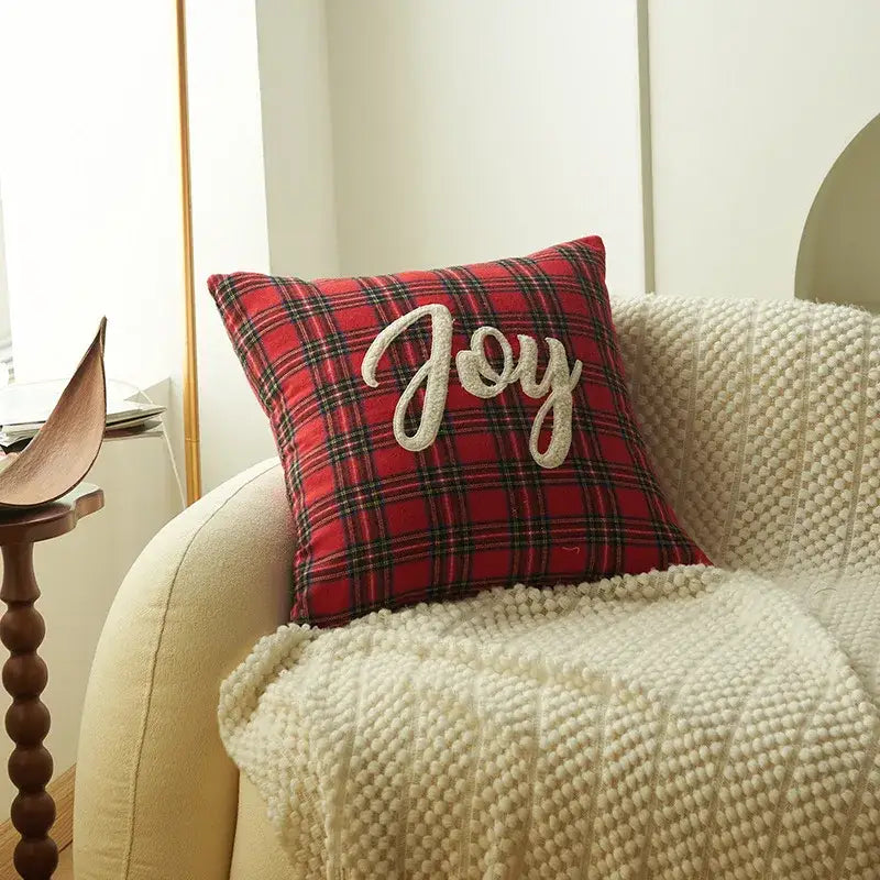 Red plaid pillow with white joy embroidery from decorbites christmas letter embroidery plaid cushion set