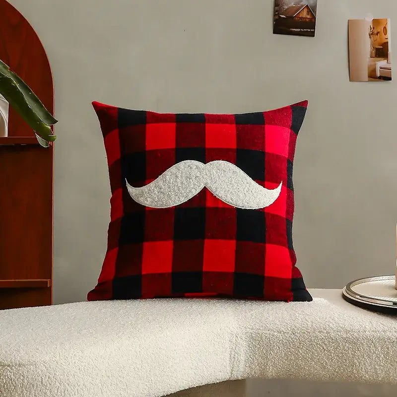 Red and black plaid throw pillow with white textured mustache appliqué in decorbites christmas letter embroidery set