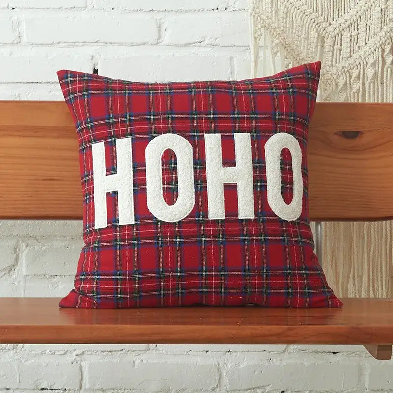 Red plaid cushion from decorbites christmas letter set featuring white ho ho christmas letter embroidery design