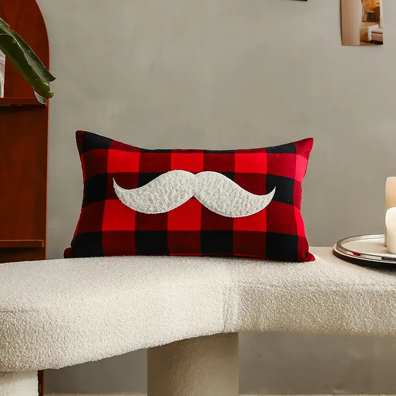 Red and black plaid pillow with white textured mustache appliqué from decorbites christmas letter embroidery set