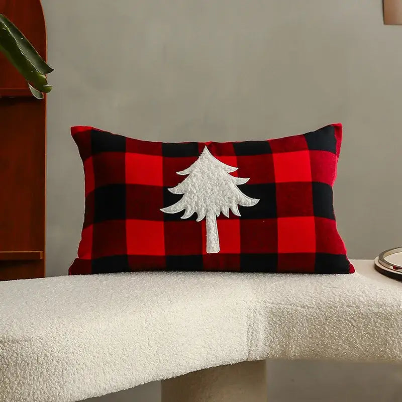 Red and black plaid pillow with white embroidered tree design from decorbites christmas letter embroidery plaid cushion set