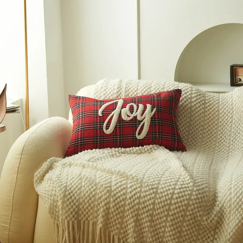 Red plaid cushion cover with white joy embroidery from decorbites christmas letter embroidery plaid set