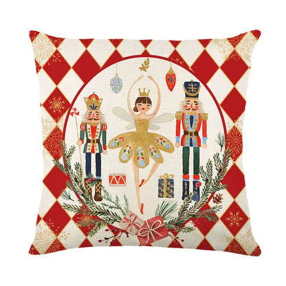 Red and white diamond patterned linen pillow cover with christmas letter print featuring nutcrackers and golden fairy wreath by decorbites christmas letter