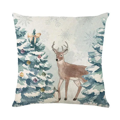 Beige linen pillow cover featuring a decorbites christmas letter print with a brown deer and festive snowflake design